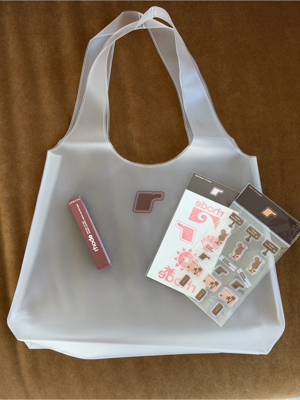 Exclusive RHODE Tote + Macadamia Lip Tint SOLD OUT, Puffy Stickers, Flash Tatoo